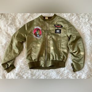 TAIWAN Womens Bomber Jacket with Rouched Sleeves, Patches and Pins
